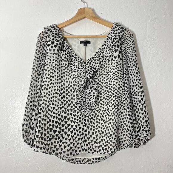 J. Crew XXS Cream Black Allover Heart Polka Dot Chiffon Top Blouse Ruffle Collar - Picture 1 of 9